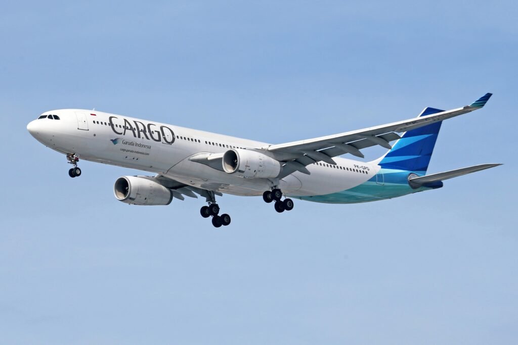 Garuda Indonesia cargo aircraft flying in clear blue sky, showcasing transportation.