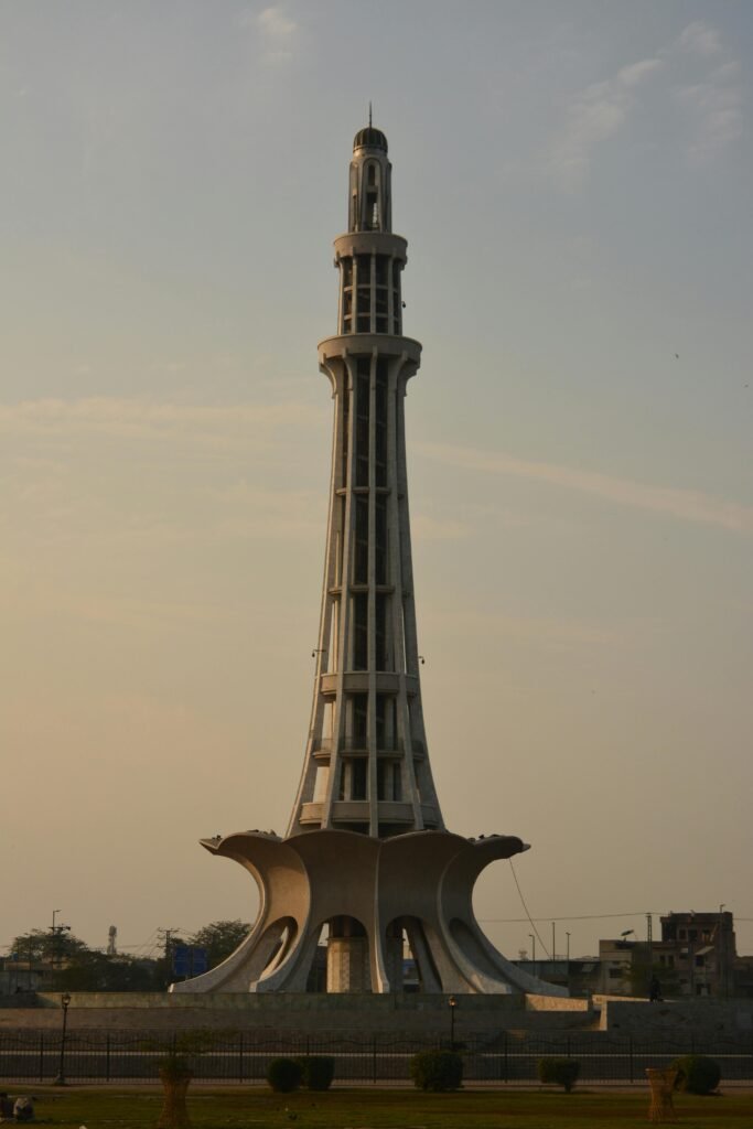 Captivating view of Minar-e-Pakistan during sunset, showcasing Lahore's iconic architectural marvel.